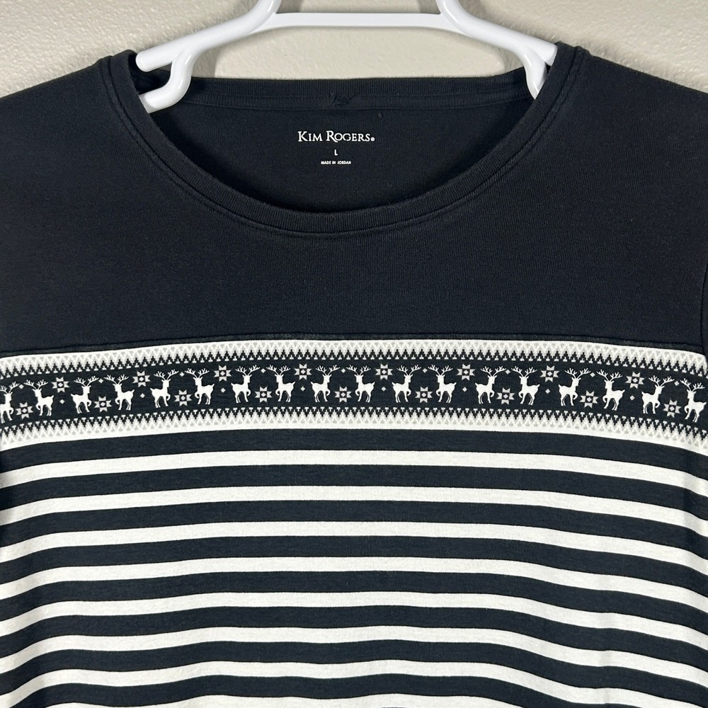 Kim Rogers Womens L Black White Striped Reindeer Fair Isle 3/4 Sleeve Cotton Top